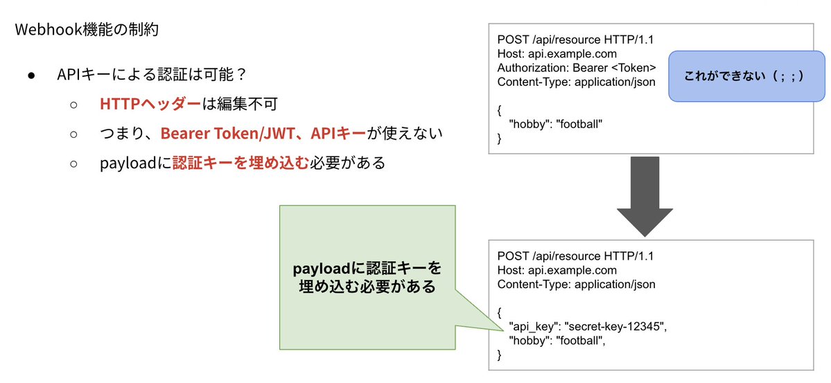 r__morita's tweet image. 昨日のセミナーで、現状Workspace FlowsのWebhook機能では、HTTPヘッダが編集できないという話をして、APIキーを利用したい場合は、payloadに埋め込む必要があるという話をしたんですが、普通にGASを中継してAPIに接続する方がセキュアですよね🙏 #GoogleWorkspace #WorkspaceFlows