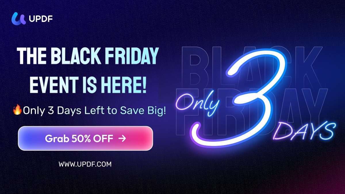 updfeditor's tweet image. It’s Day 3 of Black Friday! 🔥
Amazing UPDF deals continue — but not for long.
Make your productivity soar today!
👉updf.com/updf-sales-pro…

#UPDF #BlackFriday #BlackFridayDeals