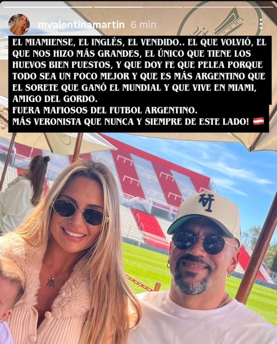 🔥⚠️ “DOY FÉ DE QUE MI MARIDO ES MÁS ARGENTINO QUE EL SORETE QUE GANÓ EL MUNDIAL Y VIVE EN MIAMI, AMIGO DEL GORDO”.

La fuerte historia que subió Valentina Martín, esposa de Juan Sebastián Verón, para defender a su esposo en medio a Estudiantes.