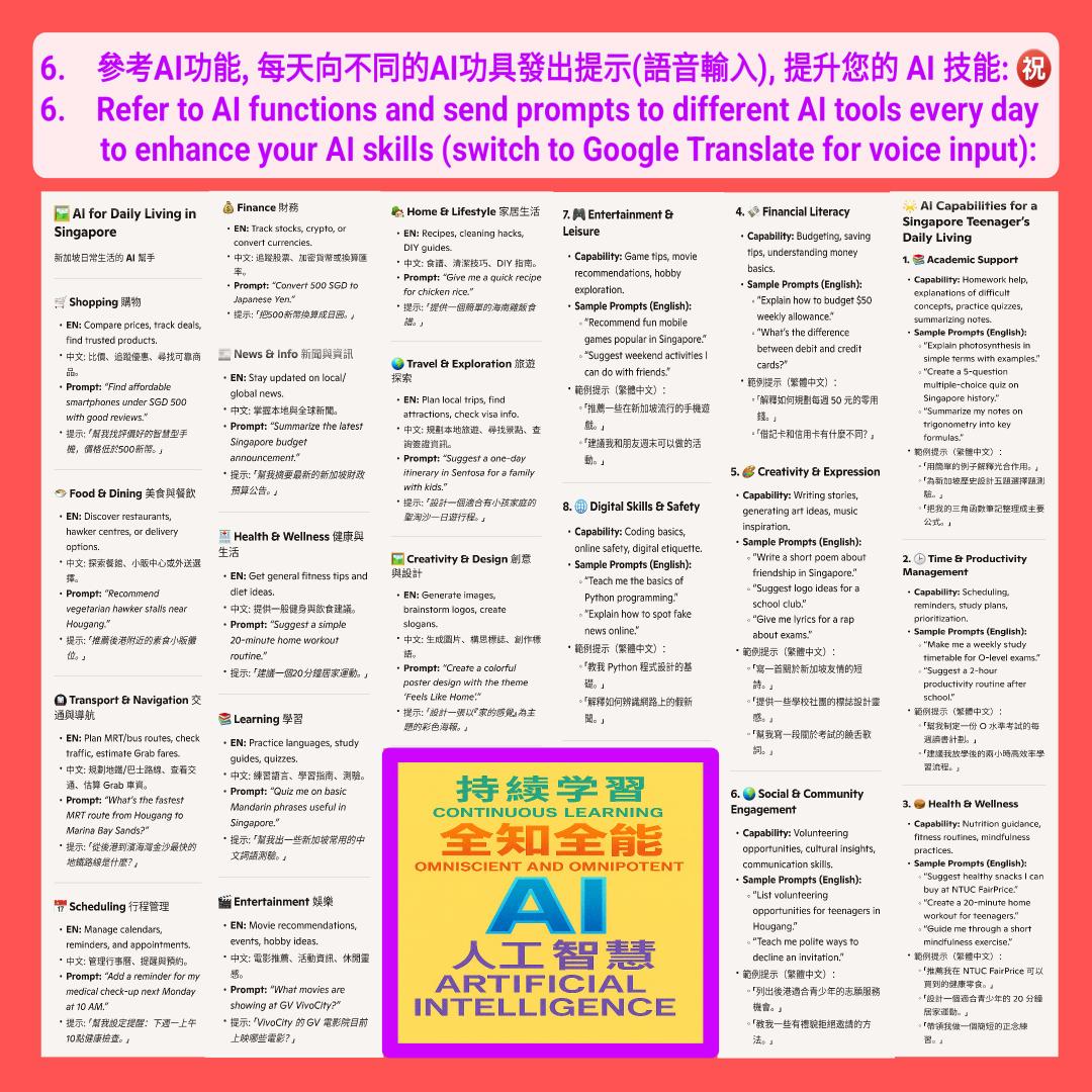 HongEK8's tweet image. 🏥 Health &amp;amp; Wellness 健康與生活  
- Suggest a simple 20-minute home workout routine.
- 建議一個20分鐘居家運動。

📚 Learning 學習
- Practice languages, quizzes.  
- 練習語言、測驗。  
- Quiz me on basic Mandarin phrases useful in Singapore.
- 幫我出一些新加坡常用的中文詞語測驗。