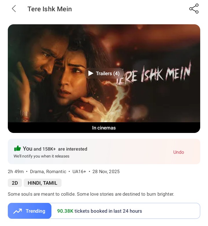 i_RA_Anand's tweet photo. #TereIshkMein (Hindi/Tamil) :

BMS Pre-Sales alone crossing 150.2 K
from the cumulative of past 4 days 💥

Nov 24  :   10.8 K
Nov 25  :   15.8 K
Nov 26  :   33.2 K
Nov 27  :   90.4 K

@dhanushkraja's 2nd Highest Pre-Bookings After #Raayan (282.2K) 👍

1/2 https://t.co/HgtZtEFOiN
