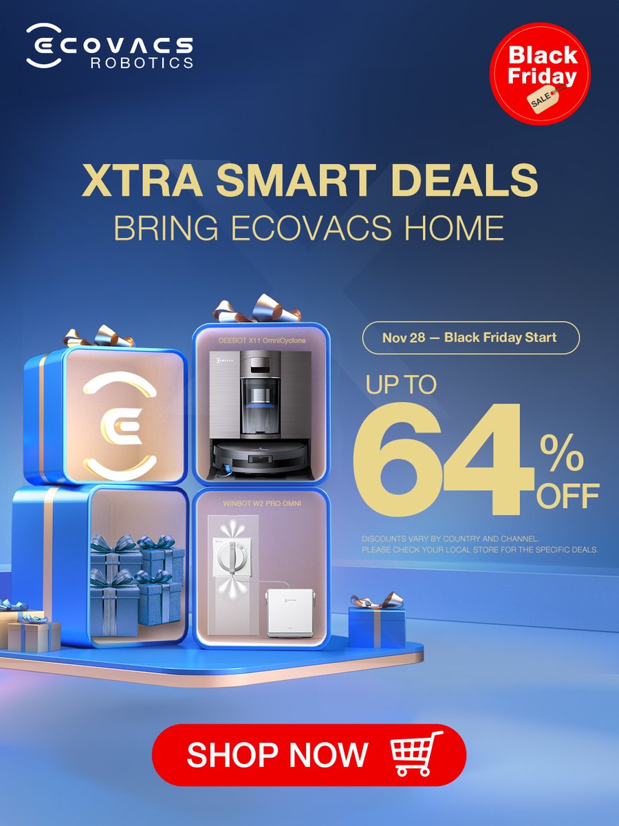 ecovacsrobotics's tweet image. Up to 64% OFF! 
From floors to windows — ECOVACS cleans it all. 
This Black Friday, experience the flagship power of DEEBOT X11 OmniCyclone and the hands-free brilliance of WINBOT W2 PRO OMNI — the perfect combo for a spotless home. 
Don’t miss these limited-time offers — only…