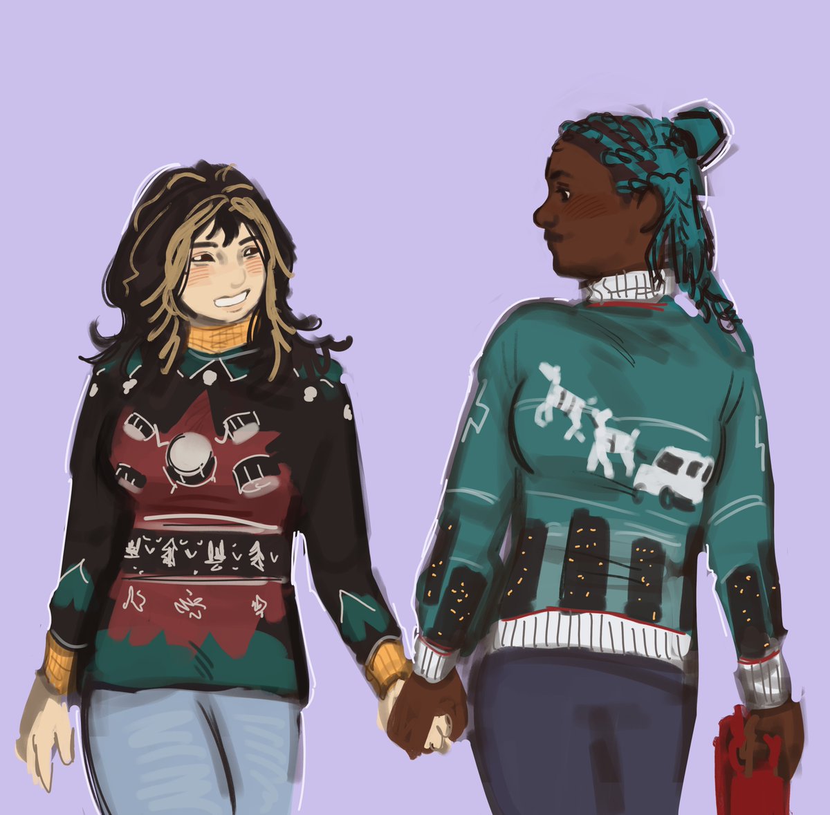 m0ss_dr4ws's tweet image. doodle of vee and orela christmas sweaters #veeboonyasak #orelarose #dbdfanart #deadbydaylight