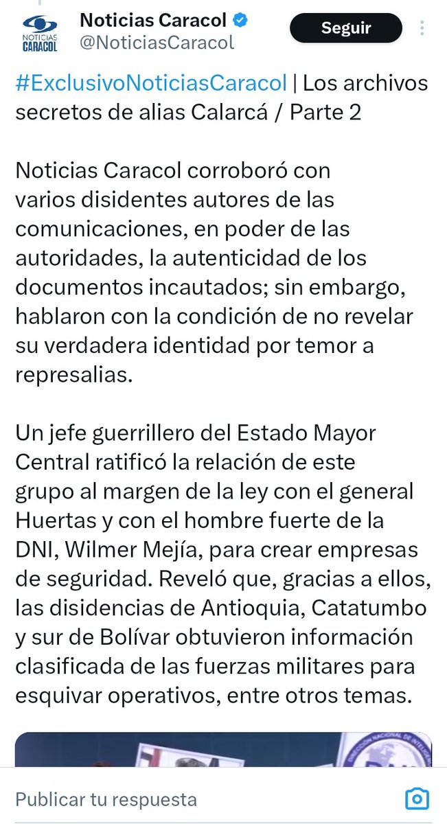 Señores Oficiales, Suboficiales y Soldados <a href="/COL_EJERCITO/">Ejército Nacional de Colombia</a> , señores <a href="/PoliciaColombia/">Policía de Colombia</a> , recuerden que la inteligencia del Estado está infiltrada por los Narcoterroristas y los cómplices de ésos bandidos, a cuidarse, los criminales terroristas deben saber todo de Ustedes.