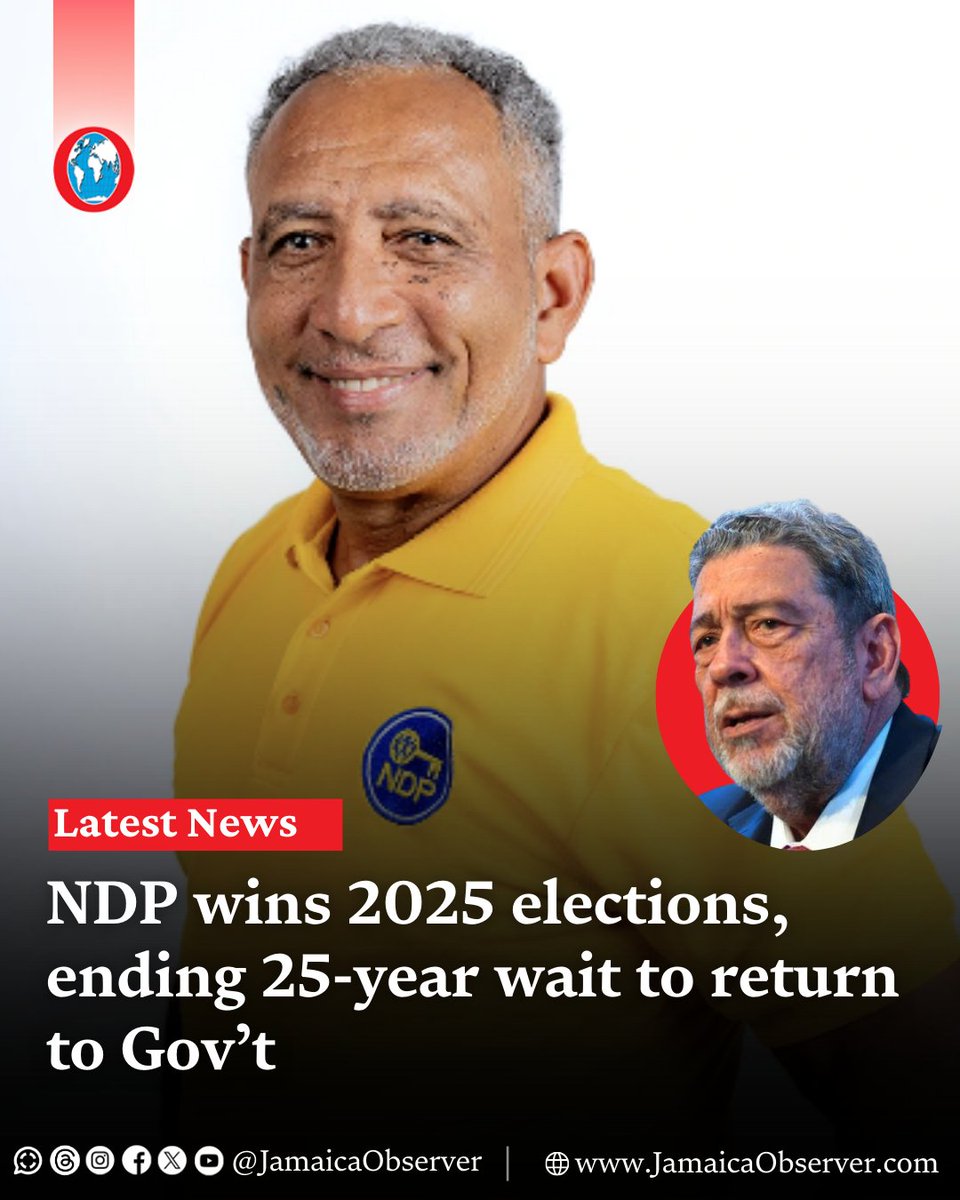 JamaicaObserver's tweet image. A historic political shift is on the rise as the New Democratic Party (NDP) has won St Vincent and the Grenadines’ 2025 general election, ending more than 25 years outside the country’s top leadership.

Party leader Dr Godwin Friday is set to become the nation’s seventh prime…