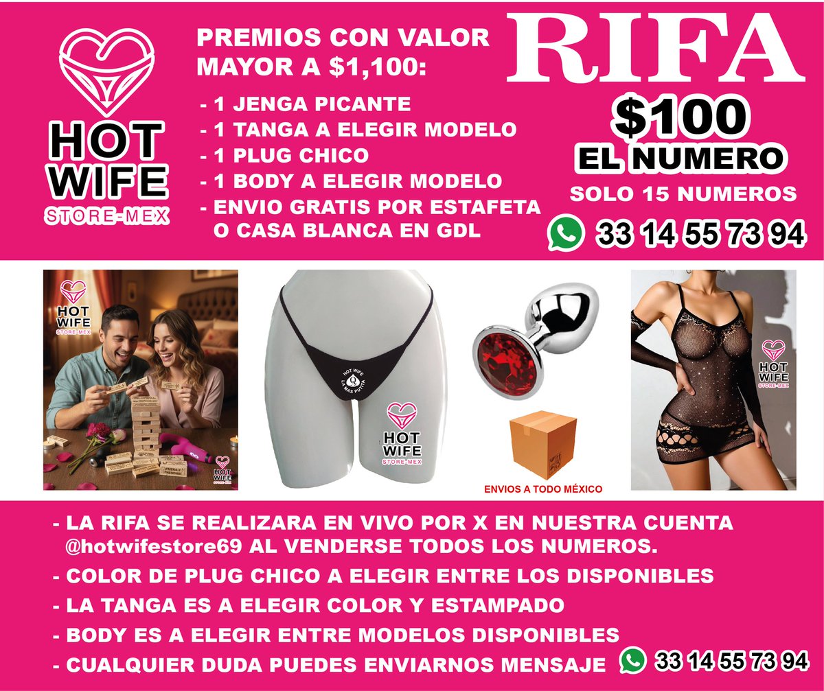 🛑🚧Aprovechen 📢🛑
Excelentes productos para una noche de juego candente, por solo $100
La rifa se realizará en vivo en nuestra cuenta, solo 15 números disponibles con ENVIO GRATIS, pueden enviarnos mensaje para pedir su número o cualquier duda☺️ rt
<a href="/MrAnonimusStag/">Mr Anonimus Stag... 🫎😈</a>  <a href="/Merlin0075/">Merlin</a>