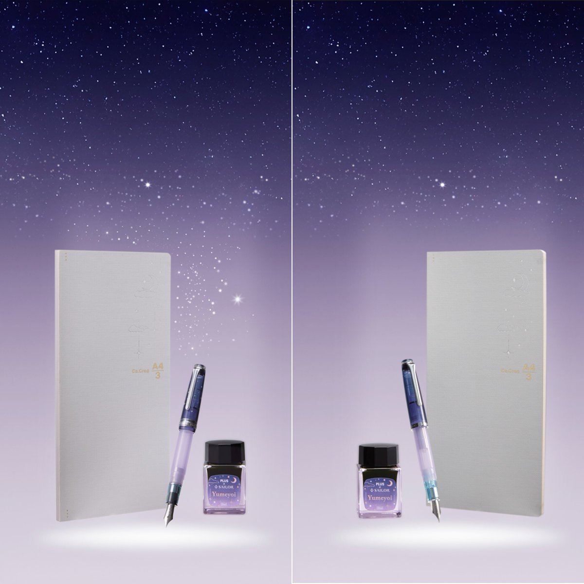 plus_bungu's tweet image. 【新製品】プラスとセーラー万年筆のコラボ企画 第9弾、“夢宵（ゆめよい）”の万年筆とノート、ボトルインクのセット「カ.クリエ プレミアムクロス×万年筆　夢宵限定セット」を2025年12月5日に発売します。万年筆は「プロフェッショナルギア スリム」と「レクル」の２種類です。…
