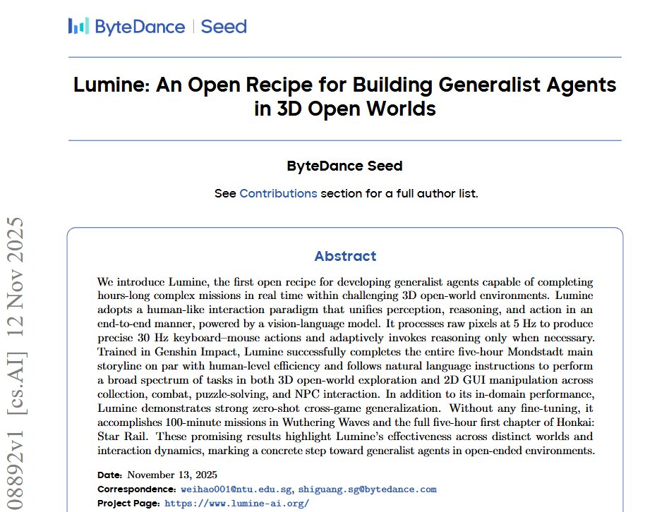 This seems Big

Lumine - An Open Recipe for Building Generalist Agents in 3D Open Worlds