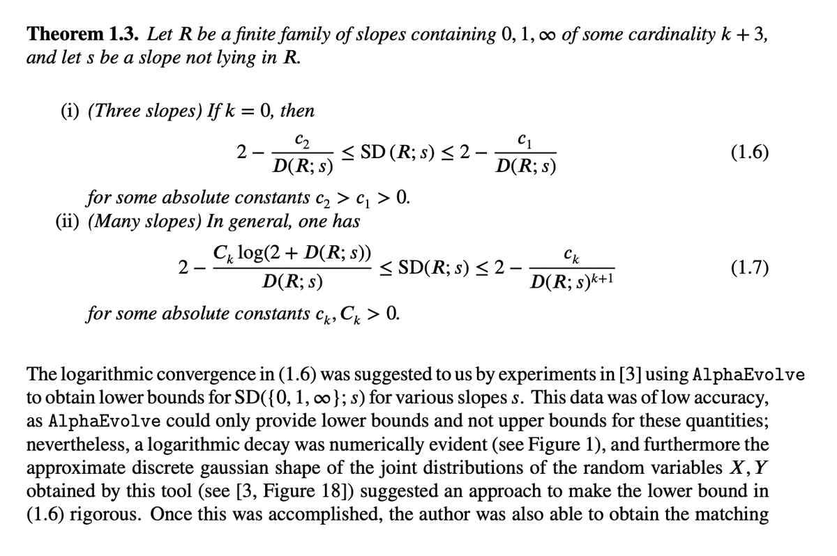 Interesting, last week ttao proved a weaker version arithmetic Kakeya conjecture that was suggested by alphaevolve 
(1.6 below figure)
Kinda cool that not only AI systems assist with difficult theorems but also actively inspires / extends best researchers beyond 'mere instruct