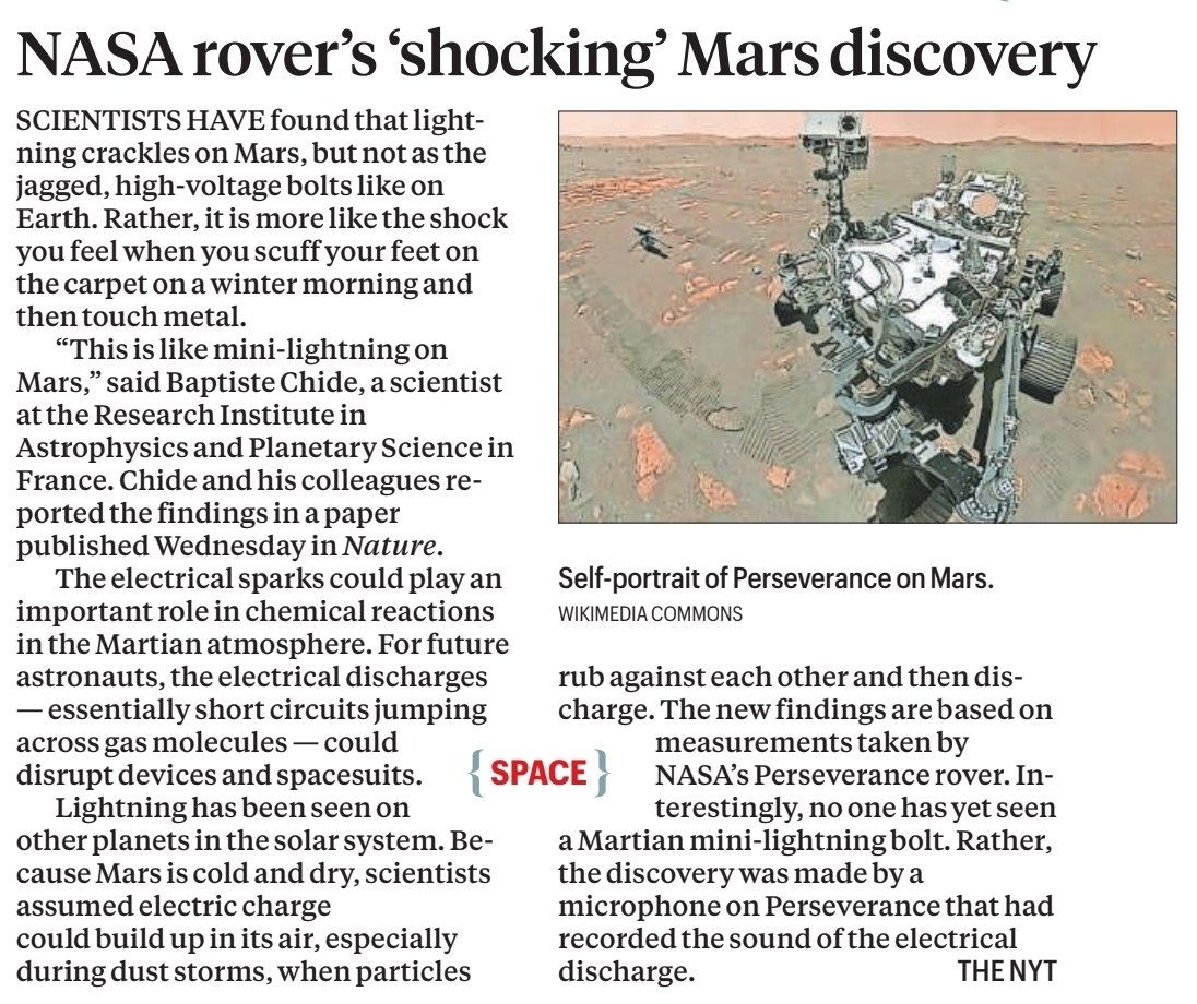 Rajmalhotrachd's tweet image. 6️⃣ NASA rover hears “mini-lightning” on Mars ⚡🚀

#GS3 #ScienceTech #Space #Essay #PhysicsOptional

Story: NASA’s Perseverance rover has recorded electrical crackles in Mars’ atmosphere – like small shocks from static electricity rather than big lightning bolts.

🔹 Scientific…