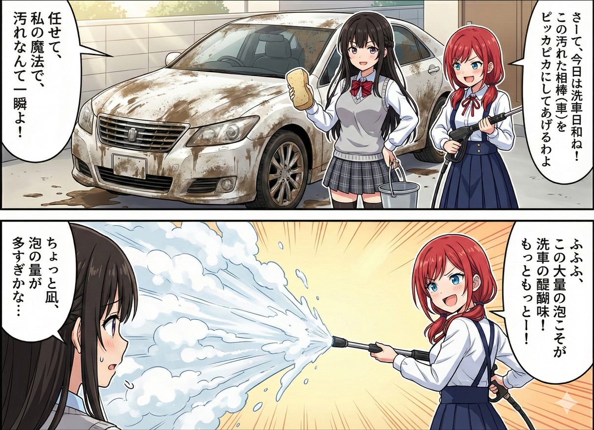 yukyu_haruka's tweet image. 11月28日は「洗車の日」🚗

去年は車内の運転席に
手洗い場ができていたみたいです💦

今年はネタが思いつかなかったので
「NanobananaPro」で「洗車」を題材に
漫画を考えもらったらポン出しでも
何かそれぽい構図になりました✨

ただしオチがなかったです🙇‍♂️

#AIart #AIイラスト #今日は何の日