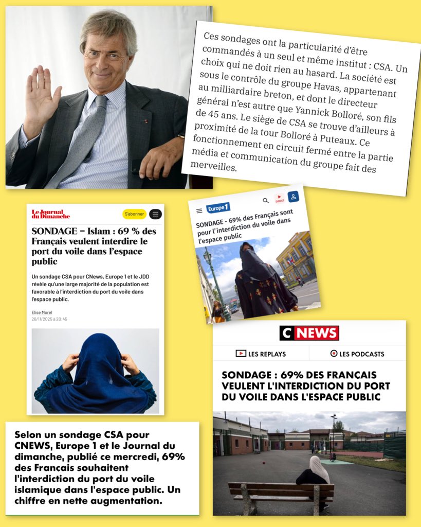 ImpactMediaFR's tweet image. 🚨🇫🇷🧕 ALERTE VIGILANCE !

Ce fameux sondage, selon lequel &quot;69 % des Français veulent l’interdiction du port du voile dans l’espace public&quot;, vient de CSA… et CSA appartient au groupe de Vincent Bolloré, tout comme Europe 1, CNews et le JDD, qui ont d’ailleurs commandé ce…