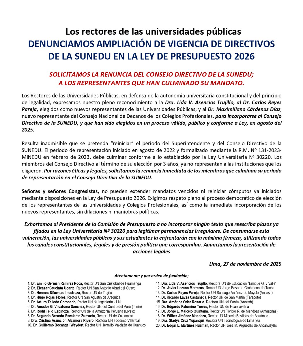 AunapN's tweet photo. #MuyGrave SOLICITAMOS la RENUNCIA INMEDIATA de las personas que ya NO REPRESENTAN a las UNIVERSIDADES PÚBLICAS ni a los COLEGIOS PROFESIONALES en el CONSEJO DIRECTIVO de la SUNEDU.