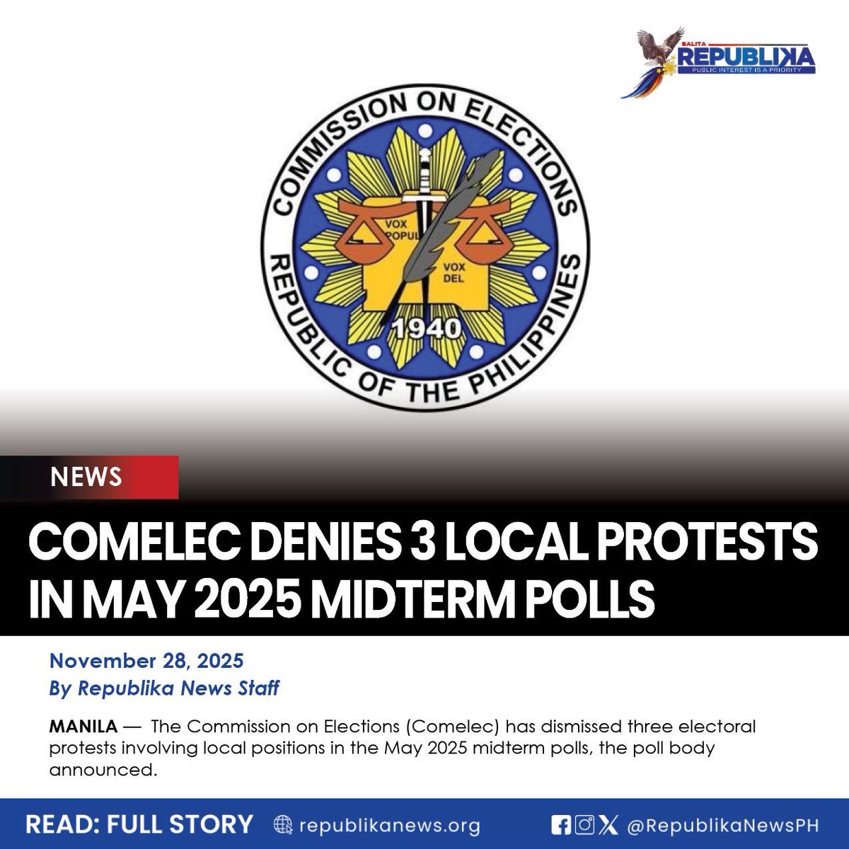RepublikaNewsPH's tweet image. The First Division of Comelec said protests for Cebu governor, Dumaguete City mayor, and Catanduanes governorwere denied. #Comelec 

READ: republikanews.org/2025/11/28/com…