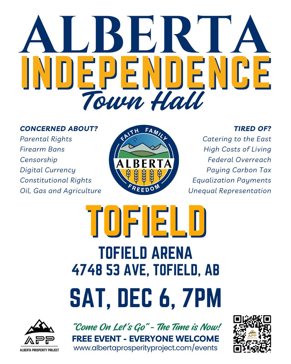 🚨 Town Halls across Alberta are happening now!
Come ask the hard questions, get the real answers, and discover what’s actually possible for Alberta’s future.
🔗 albertaprosperity.com/events
#AlbertaSovereignty #FaithFamilyFreedom #1MillionPledges