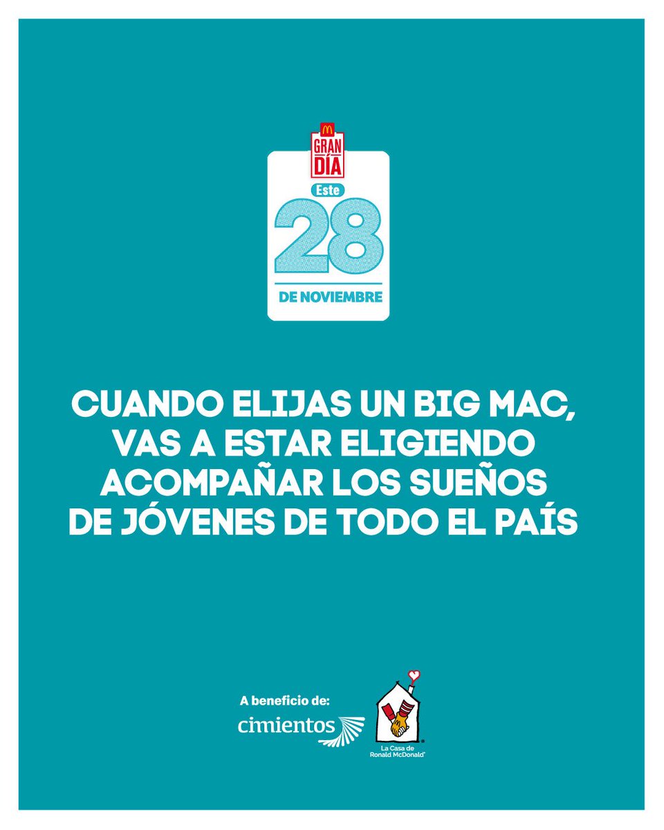 Mañana es el GRAN DÍA‼️🍔
Vos que siempre das una mano, podés ayudar a que más chicas y chicos sigan construyendo su futuro. 🎓
🙋🏻 Cómo sumarte? Elegir un #BigMac este 28 de noviembre 😋
🤜🏽🤛🏽 Decí presente e invitá a más personas a unirse❕<a href="/CasaRonaldAr/">Casa Ronald Argentina</a> <a href="/McDonalds_Ar/">McDonalds_Ar ⭐⭐⭐</a> #GranDía