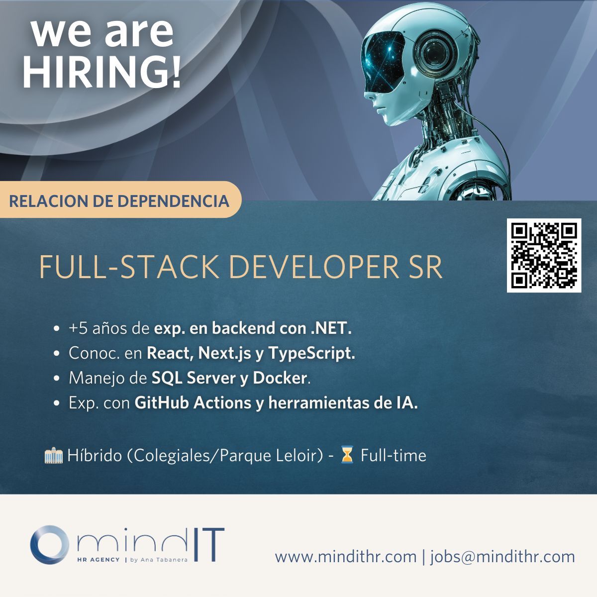 mindIThr's tweet image. 💜 Buscamos un/a Full-stack Developer Senior (.Net + React) para empresa de tecnología enfocada en la industria del entretenimiento online.

Toda la info en el QR y link!! 🔗
mindithr.com/sr-net-develop…

#dotnet #react #aspnet #mindithr