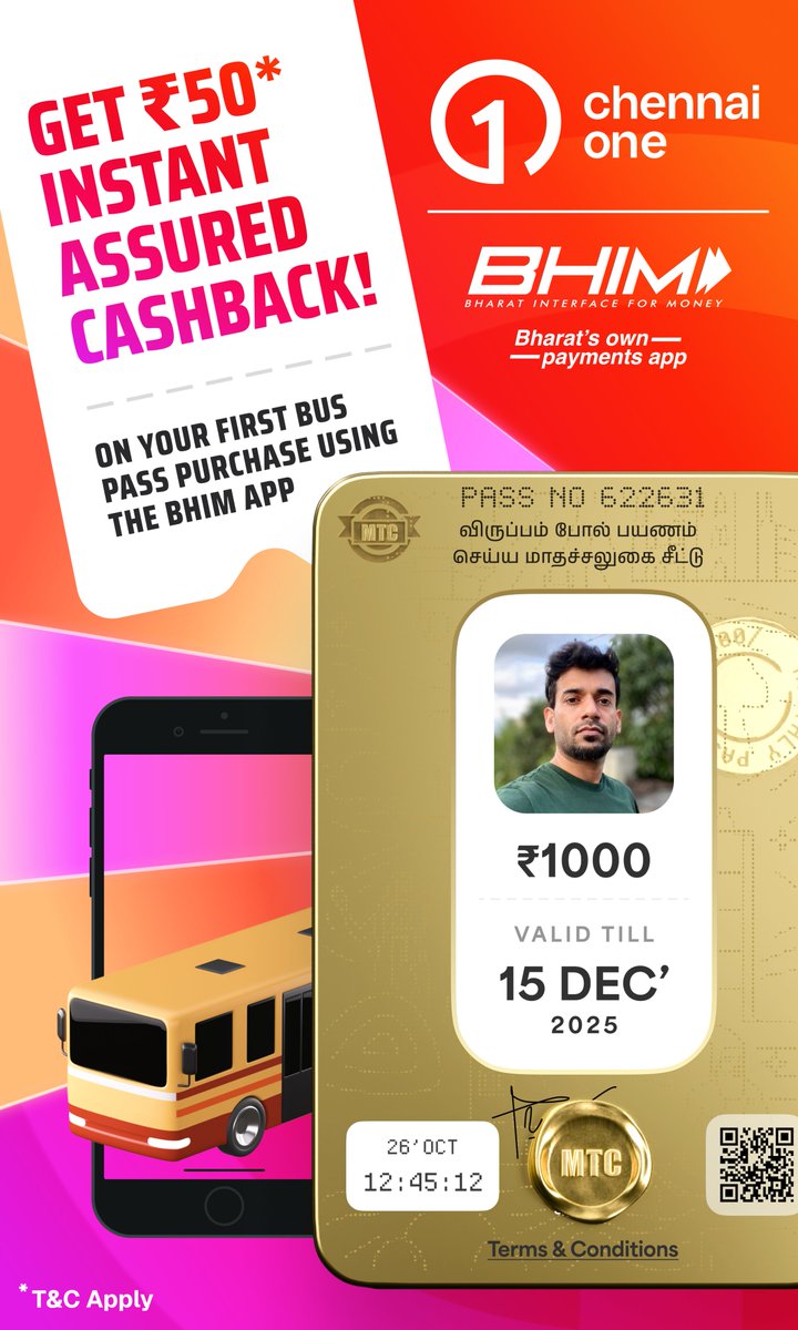Chennai_One's tweet photo. Exceptional convenience meets exciting cashback! 🎉
Get ₹50 assured instant cashback when you buy your MTC Digital Monthly Bus Pass on the Chennai One App using the @NPCI_BHIM App.
• Open Pass → Buy Now
• Select Gold or Diamond
• Pay via BHIM App
• Get ₹50 instantly
Save time, save money, and enjoy unlimited travel across Chennai. 🚍✨
Limited period offer. T&C apply.
|#chennaioneapp #chennaibus #mtcbus #chennaibuspass #publictransportation| @MtcChennai @CumtaOfficial |