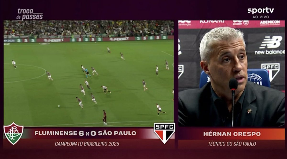 futebol_info's tweet photo. “Estou confiando no que a diretoria falou, que até dezembro teremos dinheiro (para contratar). Então, vamos confiar.”

“Eu tenho muito carinho pelo São Paulo. Os torcedores do São Paulo não merecem passar por essas coisas.”

🎙️ Hernán Crespo, após Fluminense 6x0 São Paulo.
📸 Reprodução/Sportv