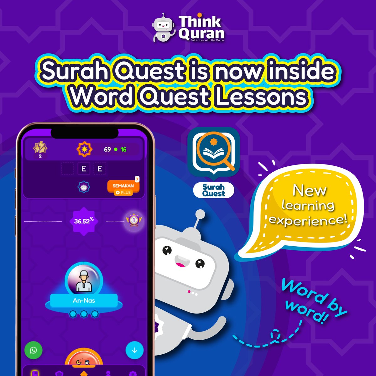 Big News for all Think Quran learners!🤍
The real magic happens when you understand your favourite surah.

Now you can try it yourself, right inside Word Quest😊

This update helps users:
✅Strengthen understanding
✅Build connection with Surah
✅Learn the Quran more meaningfully