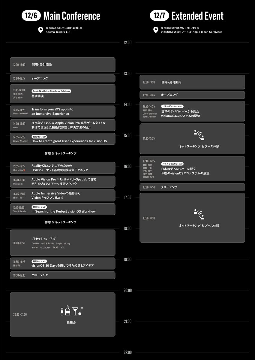 visionOS_TC's tweet image. 🕑タイムテーブル更新🕑

Extended Eventではグローバルクリエイターが集い、Apple Worldwide Developer Relations豊田氏の司会のもと、パネルディスカッション形式で意見を交わします。 Extended Eventは先着120名、お求め逃しのないよう！

▼公式サイト
visionos-tc.com

#visionOS_TC