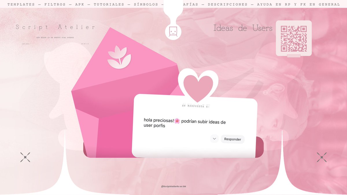 ScriptAtelierRs's tweet image. Συνεργείο   〔  𝐬𝐜𝐫𝐢𝐩𝐭  𝐚𝐭𝐞𝐥𝐢𝐞𝐫  〕    🌸     ౨ ֻ♡ ৎ 

Hola, capullito, te dejo algunas ideas de @ que tal vez puedan servirte a ti o a alguien más por ahí. Si deseas de alguna temática en especial, puedes pedírmela y haré pensar a mi cabezota. 🪽🫧

♡