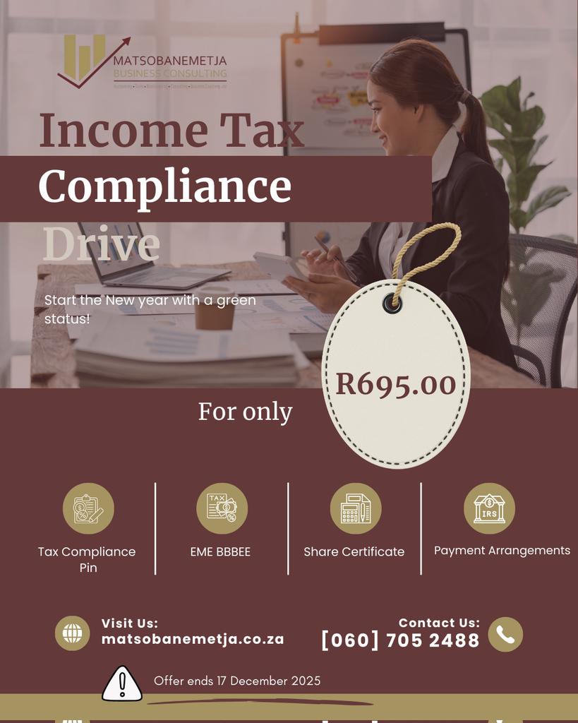#AD
🟧MATSOBANEMETJA BUSINESS CONSULTING 🔸️

⬜️COMPLIANCE DRIVE ⤵️.    

❇️Do you have a business that is registered but not operating❔️ 

❇️Require assistance with tax compliance❔️

❇️Let us assist you:
♻️- File the zero outstanding returns🔸️ 
♻️- If you are owing SARS -