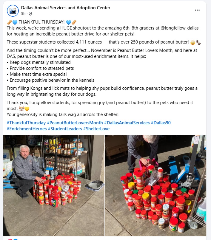 HWL_Library's tweet image. 🥜🥜🥜Thanksgiving with Peanut Butter at Dallas Animal Services from the Students at Longfellow!🥜🥜🥜