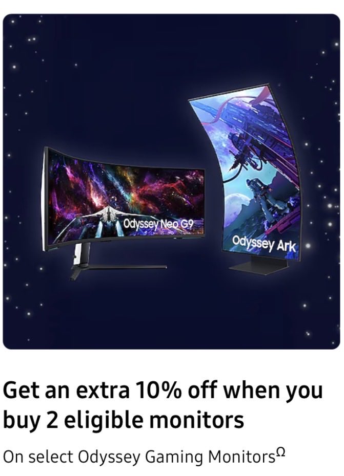 TechDropsDeals's tweet image. Extra 10% off two Odyssey monitors, free 27” monitor with the Odyssey G9, deals on monitors under $500, and more at Samsung. 

howl.link/85y3u8g5181si #ad