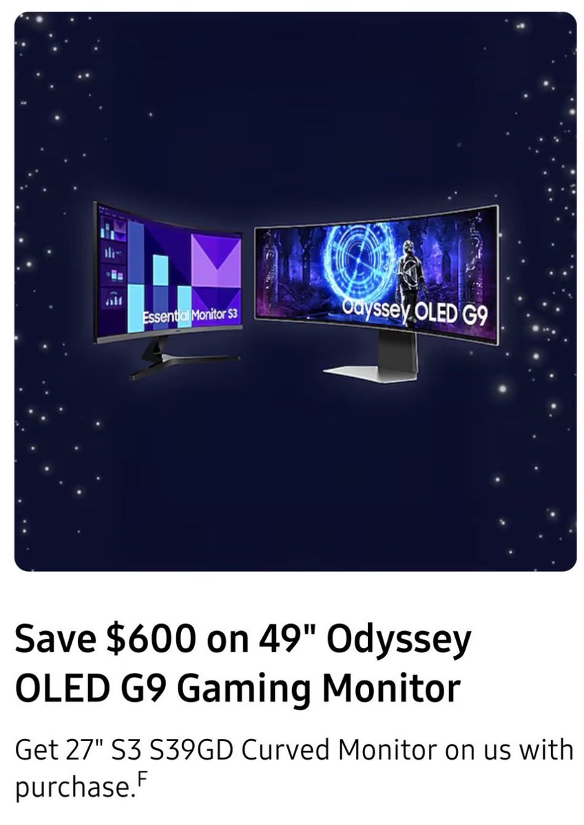 TechDropsDeals's tweet image. Extra 10% off two Odyssey monitors, free 27” monitor with the Odyssey G9, deals on monitors under $500, and more at Samsung. 

howl.link/85y3u8g5181si #ad