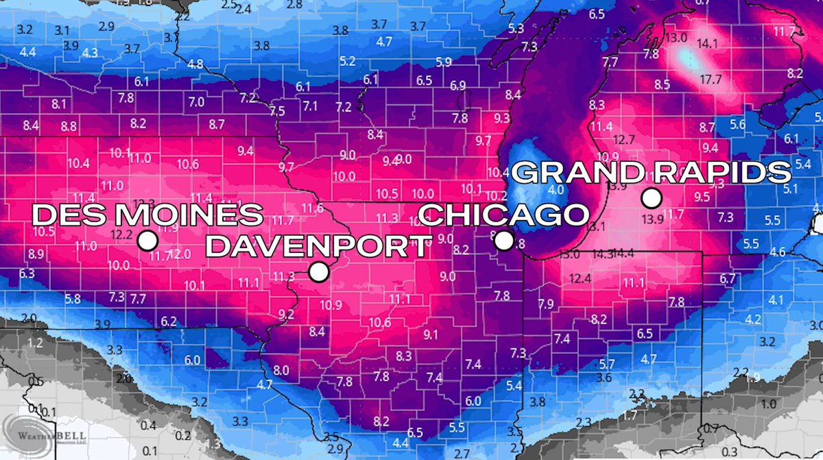A major winter storm is on the way this weekend and could deliver double-digit snow totals across parts of the Midwest and Great Lakes! ❄️ ☃️ 

Areas like Des Moines, Davenport, Chicago, and Grand Rapids could see 8 to 14 inches of snow, with locally higher amounts possible.
