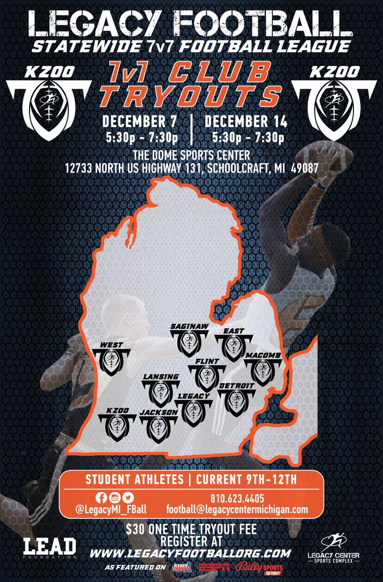 LegacyKZoo's tweet photo. Who is next?! 

Looking for Southwest Michigan athletes to come join us December 7 &amp; 14 for Legacy Kalamazoo tryouts! You won’t find a better way to continue developing your game in the off-season. Get signed up today!

Registration: https://t.co/Sks5qfKZ40

#LegacyKZoo https://t.co/Fask0x4VyL