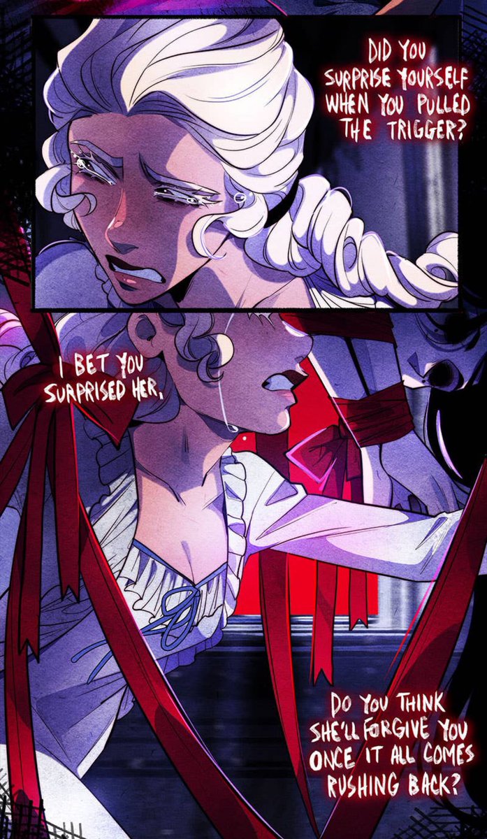 AceLesbianCrow's tweet image. DOES THIS MEAN ANNABEL KILLED LENORE? But then I thought some more about it, Annabel might’ve shot someone else to save Lenore 🤔 #Nevermorewebtoon