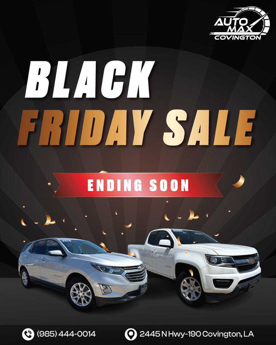 Automaxcovingto's tweet photo. 🖤 Black Friday Sale is Ending Soon at AutoMax Covington!
Time is running out — these final Black Friday savings won’t be here much longer. 🚗💨

#BlackFridaySale https://t.co/Kg2Eo7BhlZ