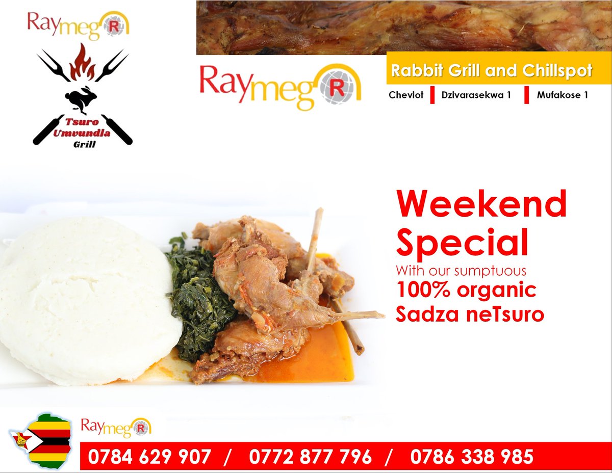 Enjoy your weekend with our mouthwatering 🤤 Sadza neTsuro. Visit Raymeg Rabbit Grill and Chillspot the home of the best rabbit meat dishes in town 😋. 
#raymegrabbit #simplydelicious #healthyeating #flamegrilledburger