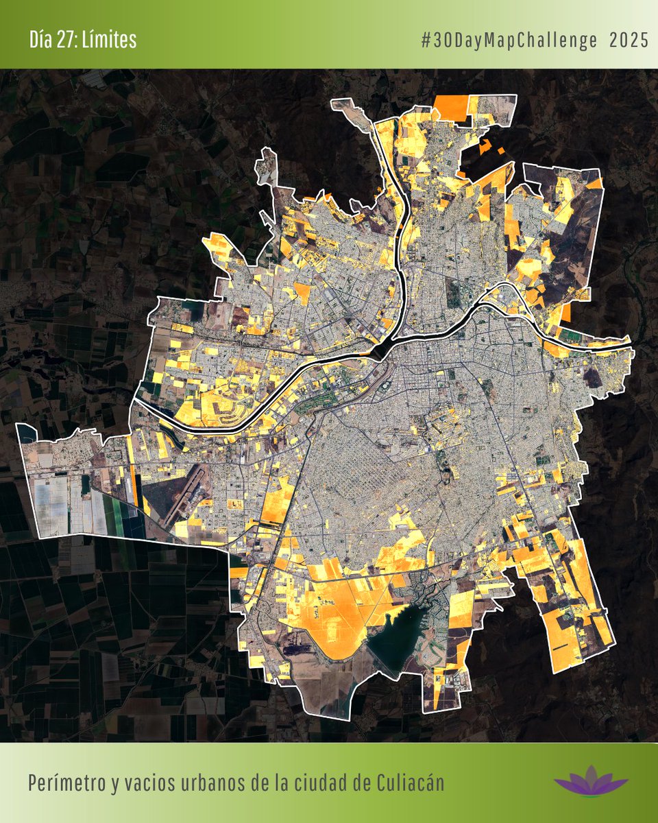 #30DayMapChallenge
📅 Día 27: Límites | Perímetro y vacíos urbanos de Culiacán

Este perímetro es el área que abarca el Programa de Desarrollo Urbano del Centro de Población.  

Según este, existen 1,600ha de vacios urbanos, suficiente espacio para construir 13mil viviendas.