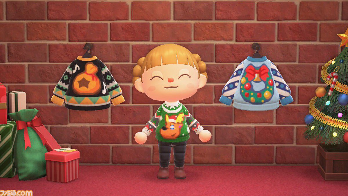 famitsu's tweet image. 『あつ森』オリジナルのマイデザイン“ジングルのセーター”、“ベルのセーター”、“リースのセーター”が本日（11/28）より配布
famitsu.com/article/202511…

クリスマスらしいデザインのちょっぴりダサいアグリーセーター。12月のアイコンパーツにしずえ、とたけけ、マスター、ジングルの4つが新登場。