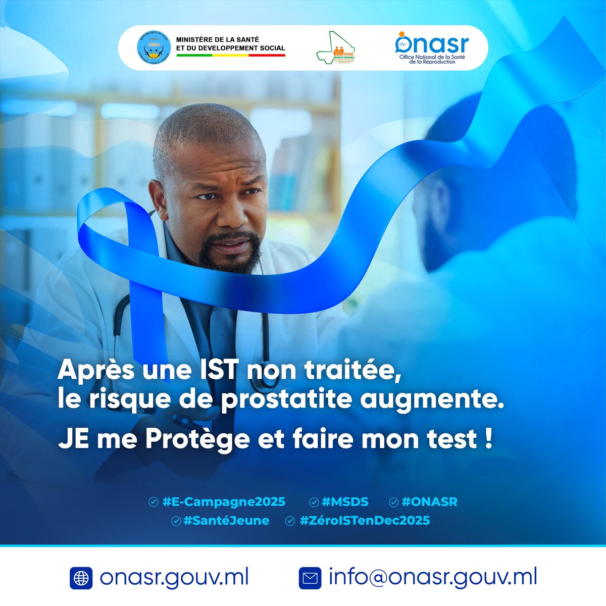 Après une IST non traitée, le risque de prostatite augmente. 
JE me Protège et faire mon test !
Se connaître, c’est se protéger !

#E_Campagne2025
#MSDS
#ONASR
#SantéJeune
#ZéroISTenDec2025
#chaqueenfancompte