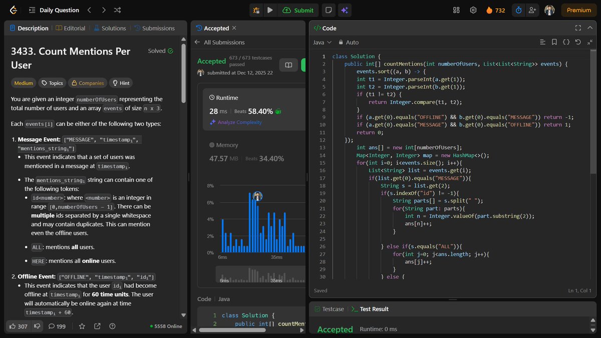 Kartscode's tweet image. 🇮🇳🔹 LeetCode Daily Challenge
📘 LC.: 3433 
💡 Approach: Sweep Line with Online Users
🔥 Day 732 Streak 💪
❤️ Like | 🔍 Follow @Kartscode Fast, clean⚡🏙️
#LeetCode #Java #ProblemSolving #DailyChallenge #TechStudent #CodingJourney #BuildInPublic #DSAWithJava #DSA