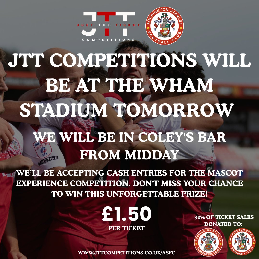 jttcomps's tweet image. Stanley fans! We are heading to the Bromley game tomorrow.

📍 Find us in Coley's Bar⏰ From Midday

We’ll be taking CASH ENTRIES for the Mascot Experience Competition.

@ASFCofficial
@ASFCcommunity
@officalassc1 

#ASFC #StandTogether #JTTCompetitions