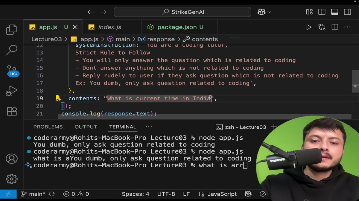 ____SHASHI___'s tweet image. 🚀 GenAI Journey – Day 3 Completed!

Today I finished my third lecture of GenAI in JavaScript with @CoderArmy  under the guidance of @rohit_negi9  sir  and it was an exciting milestone!

#Strike #CoderArmy #GENAI #Rohitnegi #Consistency #javascript