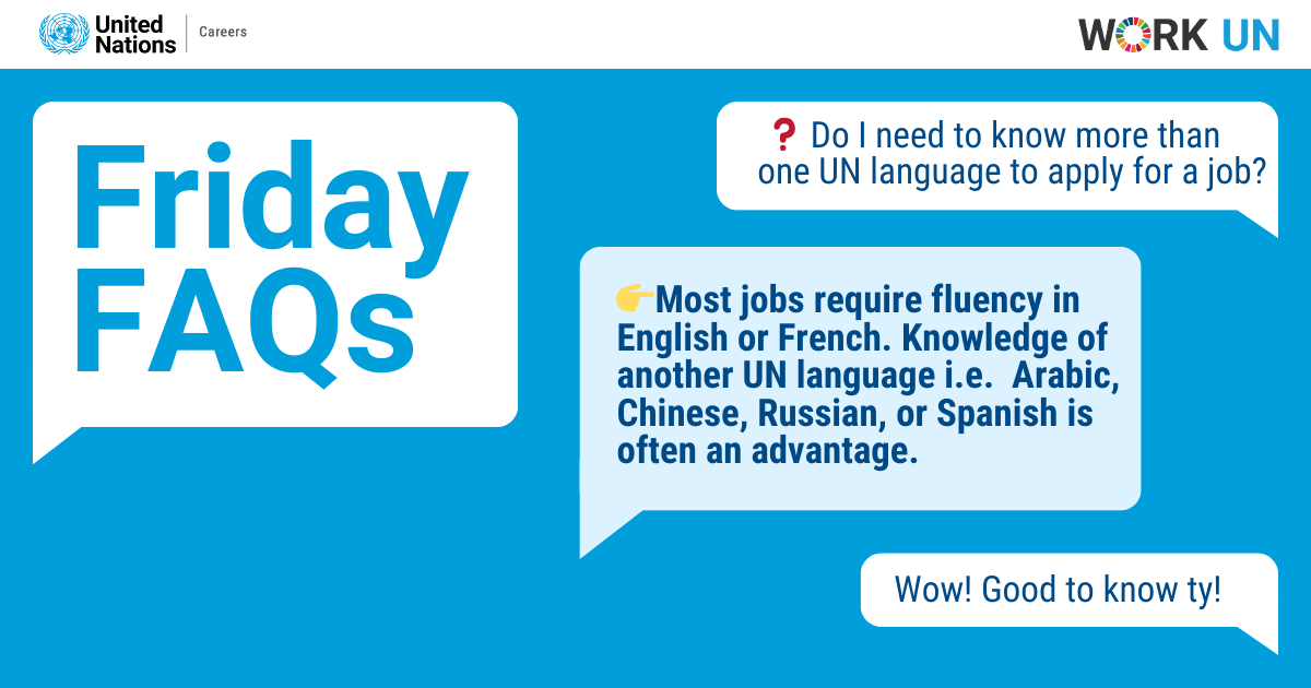 UN_Careers's tweet photo. π¬ Friday FAQs:
Do you need more than one UN language to apply?
π Most jobs require fluency in English or French.
Knowledge of another UN language (Arabic, Chinese, Russian, Spanish) is an advantage.
Explore jobs: https://t.co/M75oRWaZ1p
#FridayFAQs #UNCareers #Work4UN #UNJobs https://t.co/WpWv55jKCa
