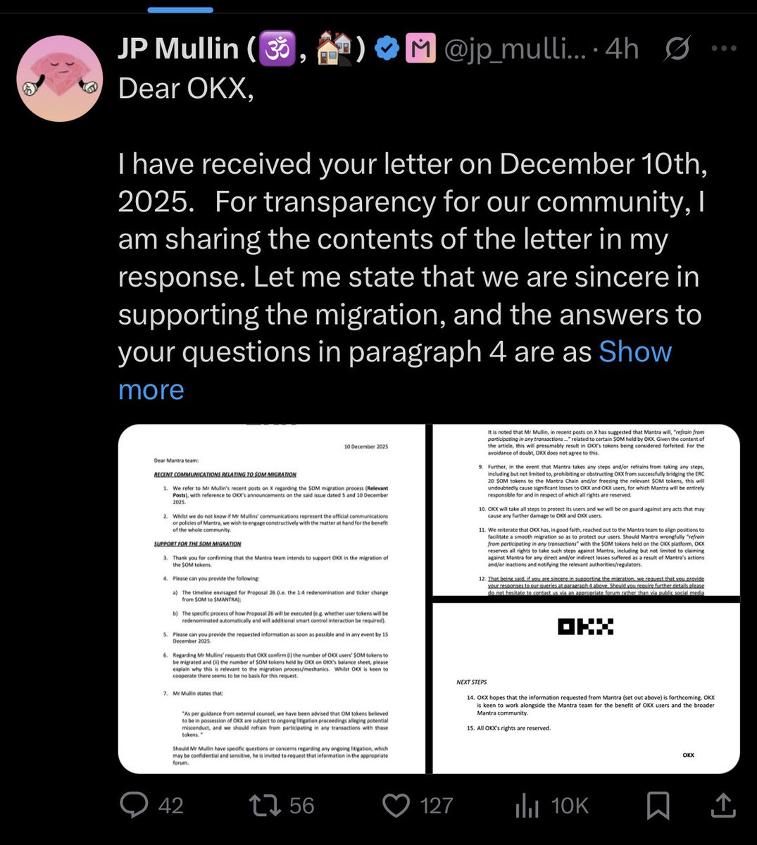 oddsbits's tweet image. Mantra CEO JP (Big Scammer) is trying to create smoke and mirrors with @okx and blame them for the downfall of Mantra. The thief say catch the thief. 

Stay away from these scammer and it’s coin. 

$om $mantra