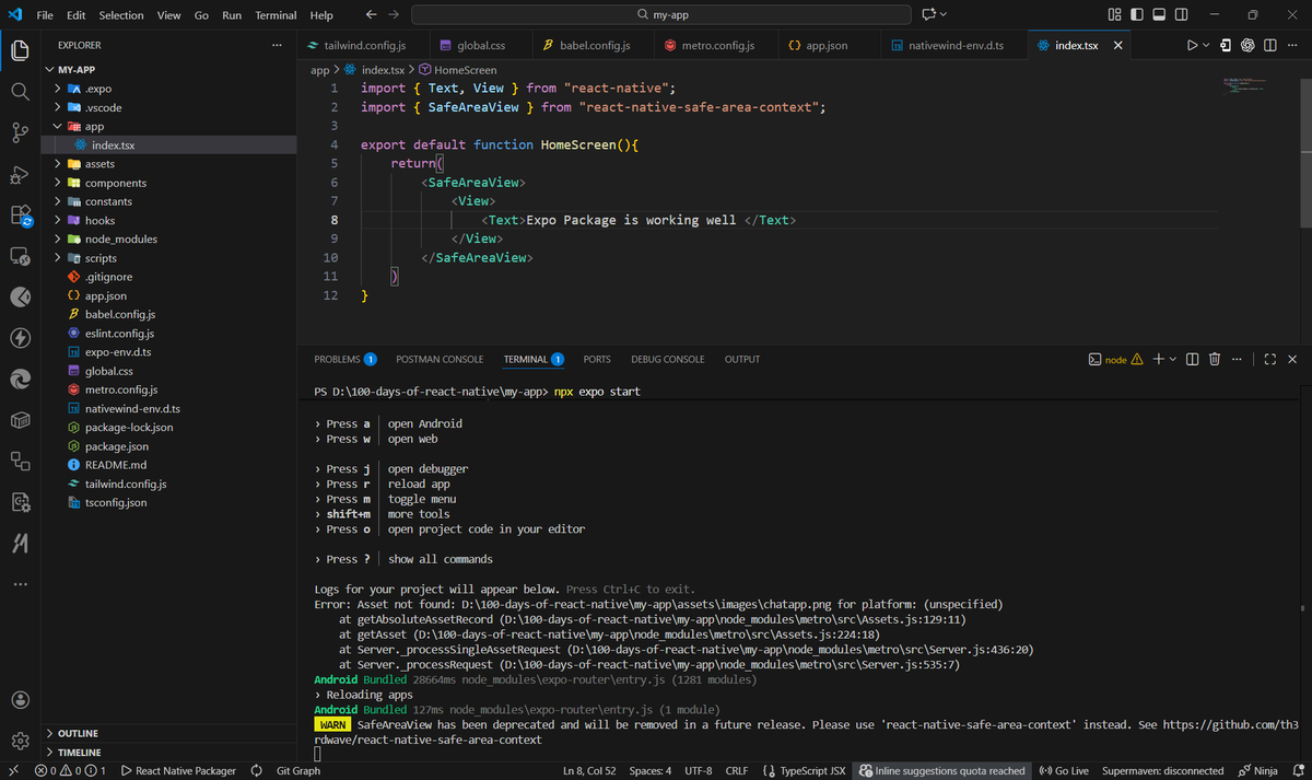 HarikaraPrasadh's tweet image. Day 1: Install React Native / Expo, run first app

#100DaysOfCode #codegold #reactnativetutorial #AppDevelopment

Step 1: (Create project)
npx create-expo-app@latest my-first-rn-app