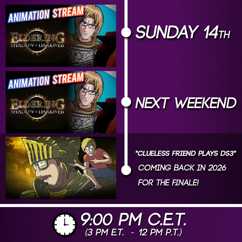 Hey guys! The trailer for the new cartoon is almost here. So we gotta start the animation streams since a scene will be featured in the trailer!
Here's the schedule below: we begin this weekend. So I hope to see you this Sunday, on Twitch and/or Youtube!
twitch.tv/matthewshezmen