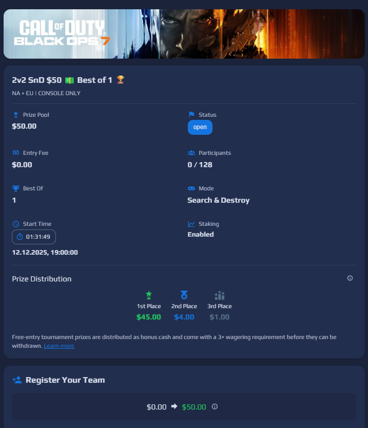 ProStakegg's tweet image. 🏆 $50 2v2 SnD Free Entry

🎟️ Free Entry | Best of 3
⏰ Starting in 1.5 Hours

🎮 CONSOLE ONLY

Retweet is *required* to enter.

Join Now at app.prostake.gg/tournaments/55