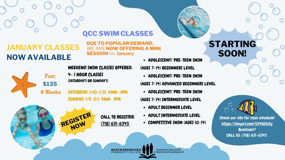 QCC_CE's tweet photo. It’s Back! The return of January Swim classes at QCC. 4  Weekends only , starting Saturday, January 10 - February 1st. https://t.co/NeCRqSGKXG