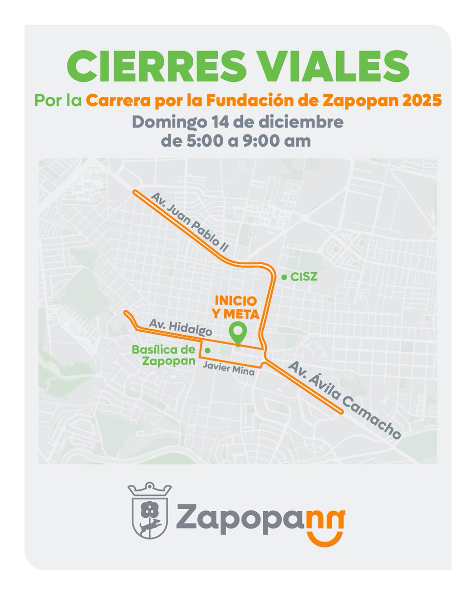 ¡Toma tus precauciones! 🚧🚦

Habrá cierres viales por la Carrera por la Fundación de Zapopan 2025. 🏃🏽‍♀️

🗓 Domingo 14 de diciembre.
⏰ 5:00 a 9:00 am.

Agradecemos tu apoyo al festejo deportivo de la ciudad de las niñas y niños. ✨

Ruta: 🔗 bit.ly/3MsCkoT