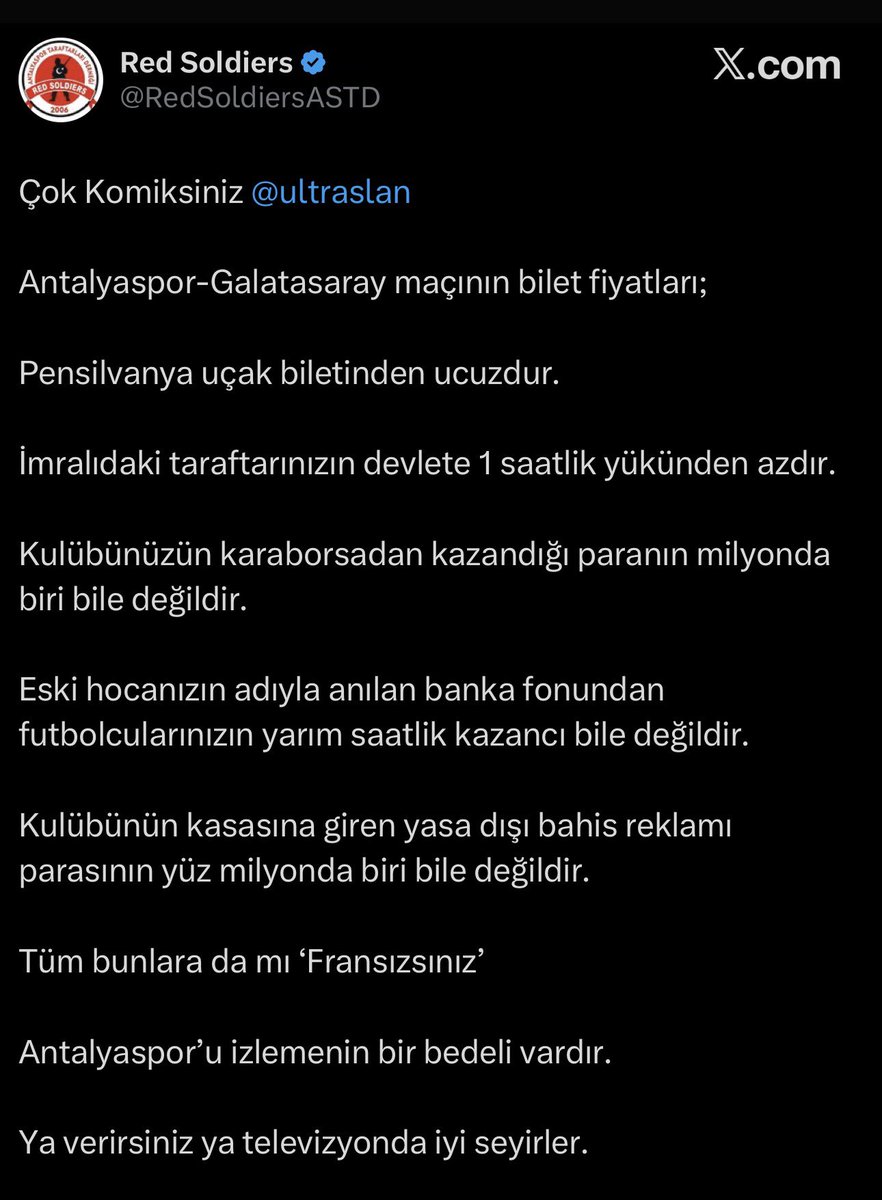 Antalyaspor taraftar grubu Red Soldiers'in Paylaşımı: